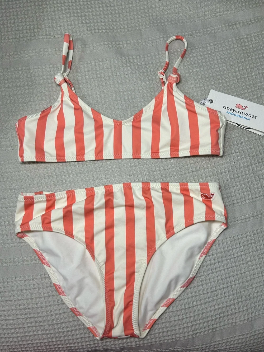Vineyard Vines Girls Coral & White Stripe Knot Bikini 2 Piece Set NWT